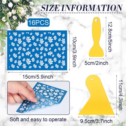 16 Pcs Silk Screen Stencils for Polymer Clay Tools Reusable Silk Screens Printing Kit Silkscreen Clay Jewelry Making Kit with 2 Scraper for DIY Craft Earring Decoration Making Supplies, 3.9 x 6 Inch
