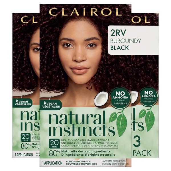 Clairol Natural Instincts Demi-Permanent Hair Dye, 2RV Burgundy Black Hair Color, Pack of 3