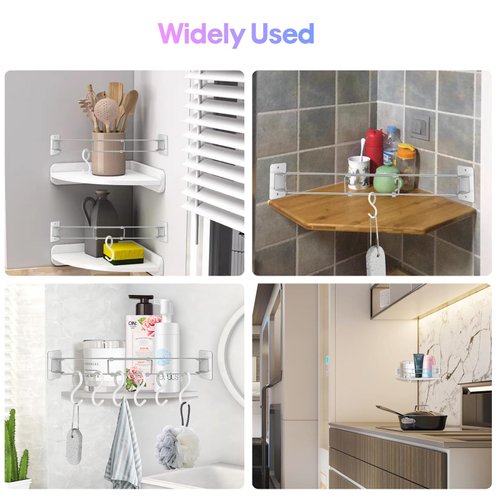 Yniyas RV Shower Corner Storage Bar-Adjustable Stainless Steel Tension Rods with 6 PCS Hooks,RV Camper Travel Trailer Boat Bathroom Organization Must Have Accessories for Securing Toiletries