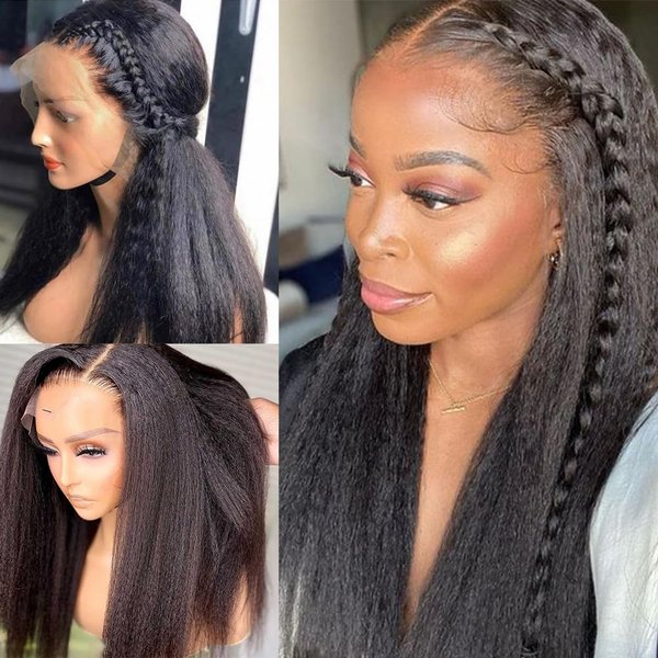 MACA BAKA Kinky Straight Synthetic Lace Front Wig Glueless 180 Density Long Black Yaki Straight 13x4 Lace Front Wigs for Black Women Pre Plucked 24 Inches Natural Color