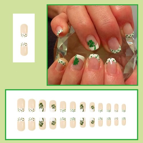 24Pcs St. Patrick's Day Press on Nails Short Square French Tip Fake Nails with Green Dots Shamrock Designs Glue on Nails Full Cover White Nail Tips Nude False Nails Irish Acrylic Nails for Women Girls