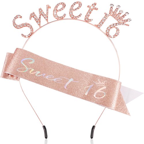 Atoden Sweet 16 Birthday Sash Headband Rose Gold Princess Tiara Crown 16th Birthday Decorations for Girls Sweet Sixteen Gifts for Teen Girls Sweet 16 Happy Birthday Accessories Party