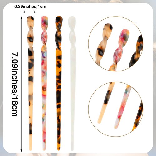 Sibba Hair Sticks 4Pcs Leopard Print Hair Pins Acetate Hairpins Disk Vintage Bun Hair Chopsticks Classic Hair Fork Retro Accessories Chinese Style Haripin Fit Women, Girls, Party, Stylist
