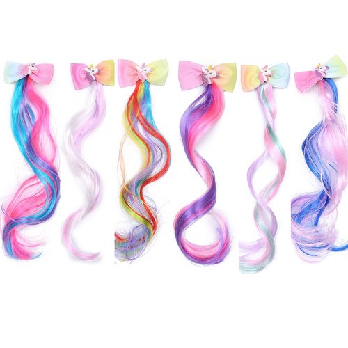 6 Pieces Unicorn Hair Clips Bows with Colored Hair Wigs Curly Ponytails Hair Bows Clips Princess Dress Up Headdress Horsetail Accessories Christmas