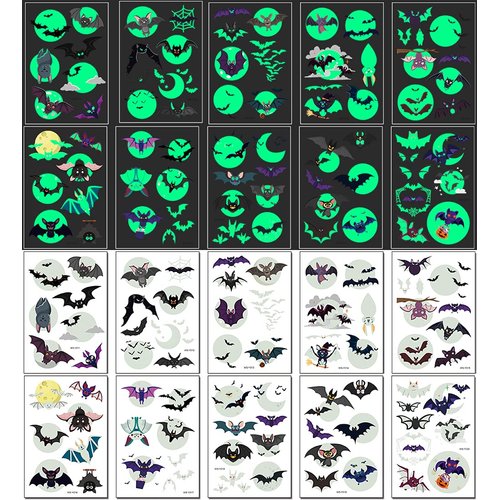 Temporary Tattoos for Kids, 73PCS Luminous Halloween Bat Theme Glow in the Dark Fake Tattoos, Body Stickers Decorations, Halloween Cosplay Face Makeup Holiday Party Favors Gifts for Adults Teens Bat