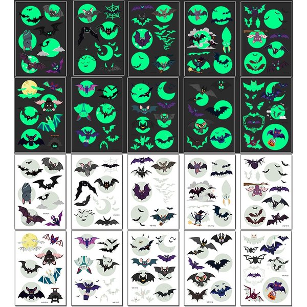 Temporary Tattoos for Kids, 73PCS Luminous Halloween Bat Theme Glow in the Dark Fake Tattoos, Body Stickers Decorations, Halloween Cosplay Face Makeup Holiday Party Favors Gifts for Adults Teens Bat