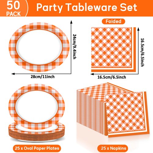 QOUBAI Gingham Oval Paper Plates 11inch Orange and White Checkered Plates and Napkins, Dish Tray for Fall Party Thanksgiving Party Supplies BBQ Picnic Carnival Baby Shower Birthday Tableware, 25 Guest