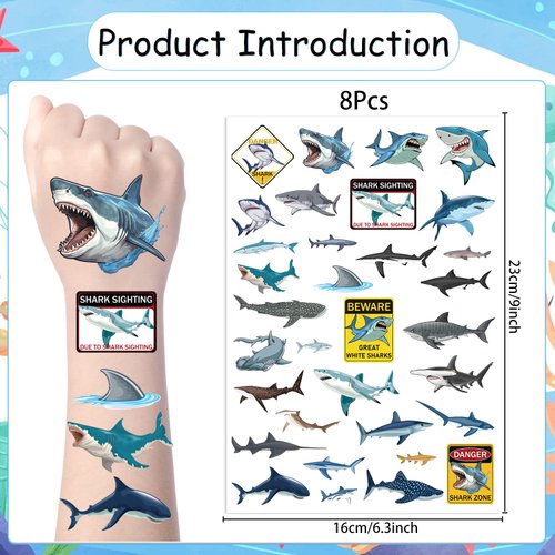 Yoyuspy Shark Temporary Tattoos Stickers - 200+ Shark Birthday Party Decorations Favors Supplies Shark Themed Tattoos Stickers Gifts for Boys Girls Sea Animals Cool Shark Tattoos Stickers Bulk