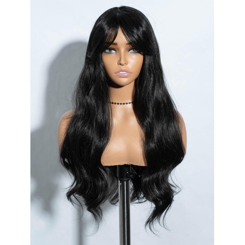 JOEDIR HAIR Black Wig with Bangs Long Wavy Wigs for Women Curtain Bangs Wig 26 Inch Synthetic Wig Halloween Costumes Cosplay Party Wigs