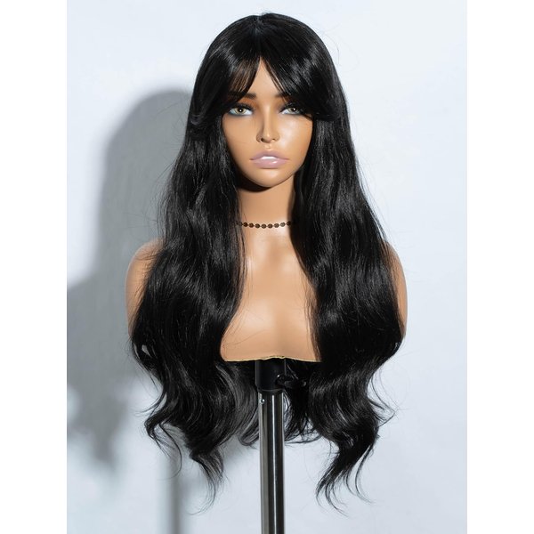 JOEDIR HAIR Black Wig with Bangs Long Wavy Wigs for Women Curtain Bangs Wig 26 Inch Synthetic Wig Halloween Costumes Cosplay Party Wigs