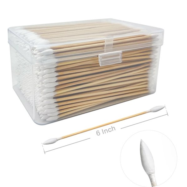 PINGMIC 400PCS (800 Tips) Long Cotton Swab, 6" Pointed Cotton Swab Without Barbs - Cotton Swabs with Wooden Sticks, Long Cotton Swabs for Gun Cleaning Machinery Makeup. Bamboo Stick with Storage Box