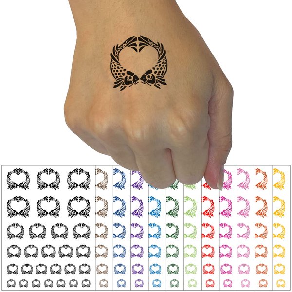 Pair of Fish Love Heart Valentine's Day Temporary Tattoo Water Resistant Fake Body Art Set Collection - Brown (One Sheet)