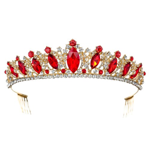 Samky Gold Bridal Tiara Wedding Crown Bride's Red Crystal Headpiece, Hair Accessories for Woman