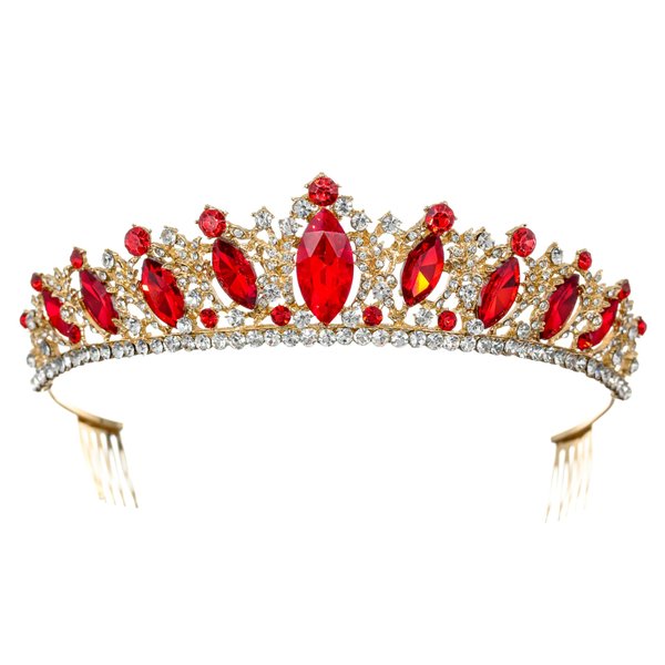 Samky Gold Bridal Tiara Wedding Crown Bride's Red Crystal Headpiece, Hair Accessories for Woman