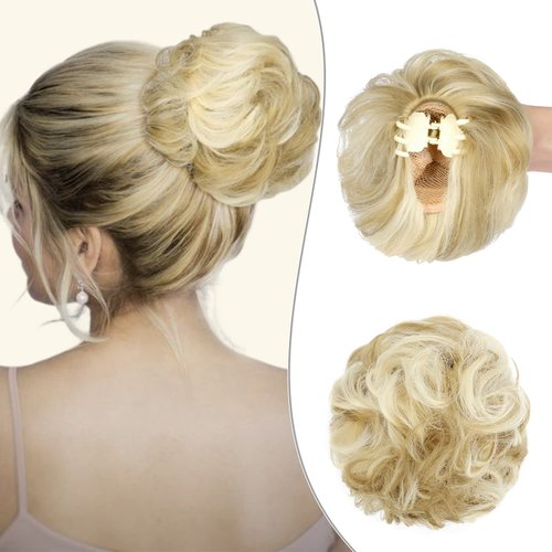 Wodelanle Claw Clip Messy Bun Hair Piece Wavy Hair Bun Curly Messy Bun Hair Piece Synthetic Tousled Updo Hair Extensions Ponytail Scrunchies Hairpieces for Women,Ash Blonde Mix Bleach Blonde