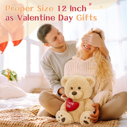 BENINY 12" Teddy Bear with Heart, Cute Brown Teddy Bear Stuffed Animals for Valentines Day Soft Bear Plushie Toy Stuffed Bear Plush Gifts for Girlfriend Kid