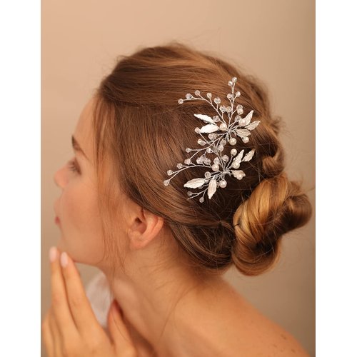 Jumwrit Wedding Hair Pins Rhinestone Bridal Hair Pins Pearl Headpiece for Wedding Leaf Bridal Hair Accessories for Bride Bridesmaid（Silver）