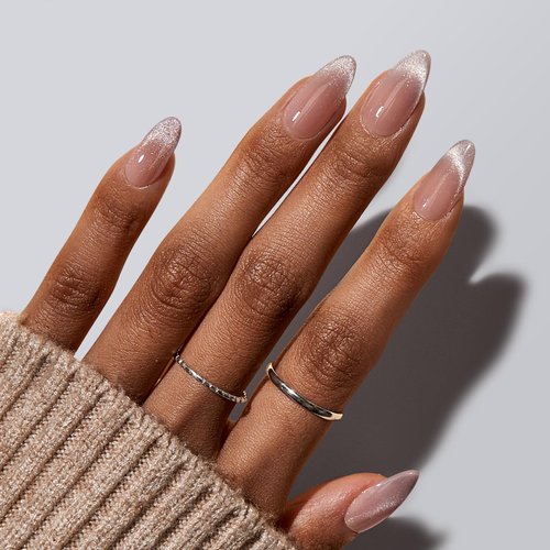 BTArtbox Press On Nails Almond - Winter Cat Eye Press On Nails Medium, French Tip Soft Gel Nails, Fake Nail Extensions In 15 Sizes - 30 Fake Nails Kit
