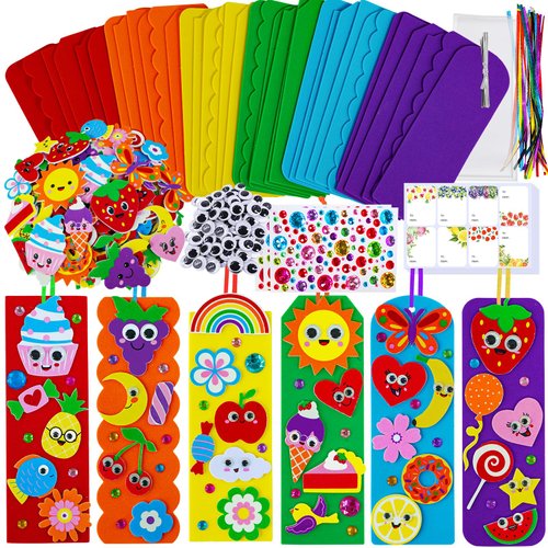 Winlyn 36 Sets Cute Crafts Kits DIY Colorful Whimsical Bookmarks Decorations Art Sets Fruits Sweet Treats Animals Sun Rainbow Foam Stickers for Kids Classroom Activities Reading Rewards Party Favors