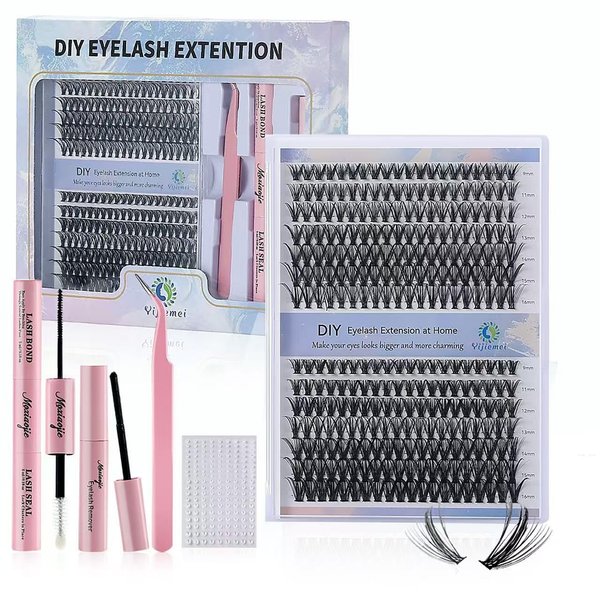 DIY Lash Extension Kit 280 Pcs Lash Clusters Kit Individual Lashes Natural 9-16mm D Curl with Bond Seal Tweezers Pearl Stickers Lash Glue Remover for Beginner Eyelash Extensions at Home (30D+40D)