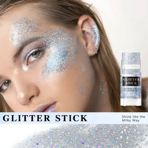 HOSAILY Silver Body Glitter Stick, Sparkling Holographic Sequins Glitter Gel, Body Shimmer Face Paint Glitter for Eye Hair Nail Lip, Chunky Glitter Makeup for Halloween Christmas Rave Festival