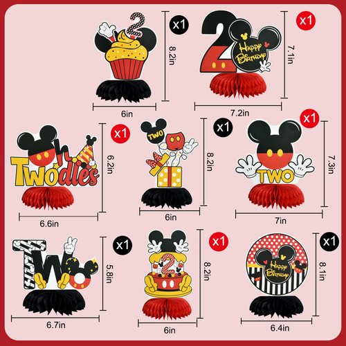 TONIFUL 2nd Birthday Black Red Yellow Mouse Themed Table Honeycomb Centerpieces, Red Mouse Table Topper Decor, Letter TWO for Second Birthday Party Supplies Party Decorations (8 Pcs)