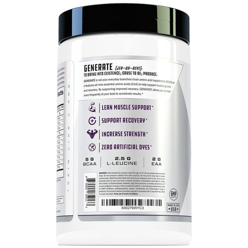 Generate EAA and BCAA Powder: Best Post Workout Recovery Drink and Branched Chain Amino Acids Supplement with Essential Amino Acids, 5g BCAAs, 2g EAAs | BlackBerry Lemonade, 30 Servings