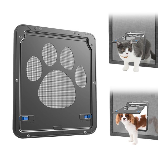 NAMSAN Cat Door for Screen Door, Flap Opening 8 x 10 inches, Cat Door for Window Screen, Magnetic Self-Closing Small Pet Door for Sliding Door, Lockable, Black