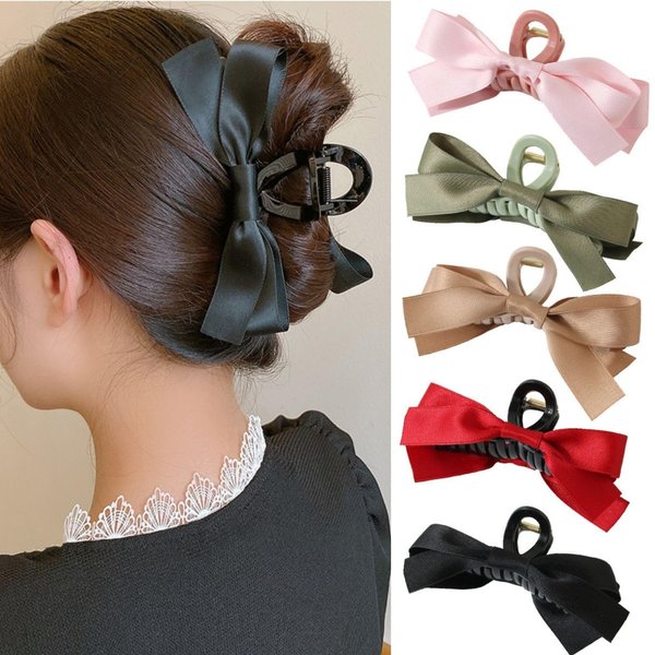 Bow Hair Claw Clips for Women 5pcs Big Bow Hair Barrette Nonslip Claw Clip for Thick Thin Hair,Bow Hair Dress Up Accessories for the Perfect Birthday Party Show (Black Red Pink Khaki Green)