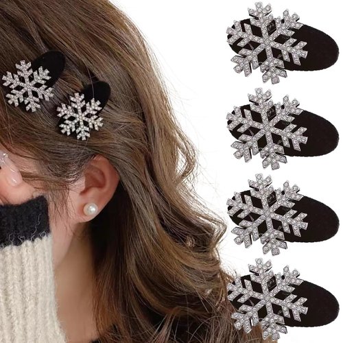 Christmas Snowflake Hair Clips, 4 Pcs Rhinestone Barrettes, Flocking Alligator Clips, Holiday Gift Set