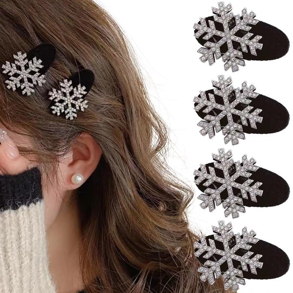 Christmas Snowflake Hair Clips, 4 Pcs Rhinestone Barrettes, Flocking Alligator Clips, Holiday Gift Set