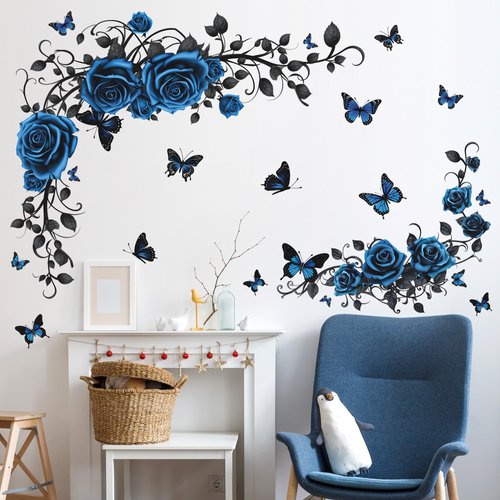 Removable Blue Purple Floral Rose Wall Decor 3D Peel and Stick Flower Vine Black Plants Vines Leaf Wall Stickers Flying Butterfly Wall Decals for Kids Girls Baby Bedroom Nursery Living Room (Blue)
