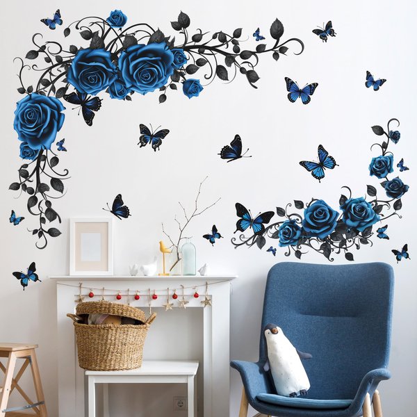 Removable Blue Purple Floral Rose Wall Decor 3D Peel and Stick Flower Vine Black Plants Vines Leaf Wall Stickers Flying Butterfly Wall Decals for Kids Girls Baby Bedroom Nursery Living Room (Blue)
