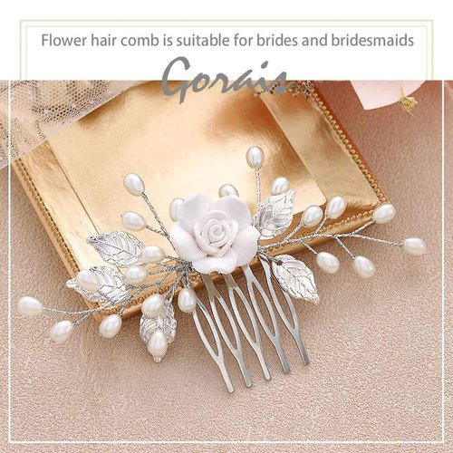 Gorais Flower Bride Wedding Hair Comb Pearl Bridal Hair Pieces Leaf Hair Accessories for Women and Girls (a-silver)