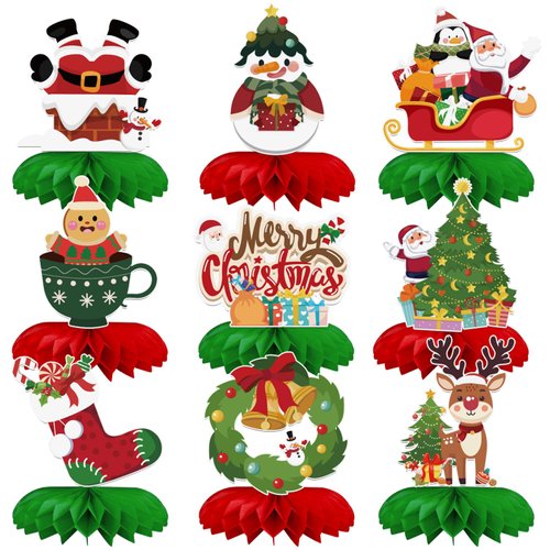 9 Pcs Christmas Honeycomb Centerpieces for Christmas Decorations, Christmas Table Decorations for Santa Themed Party Supplies