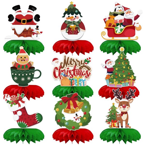 9 Pcs Christmas Honeycomb Centerpieces for Christmas Decorations, Christmas Table Decorations for Santa Themed Party Supplies