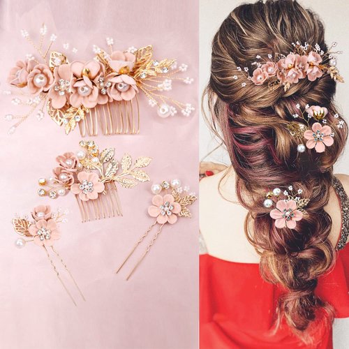 4 Pieces Pink Bridal Flower Wedding Hair Pins Crystal Pearl Hair Pins Clips Headpiece Gold Weddin...