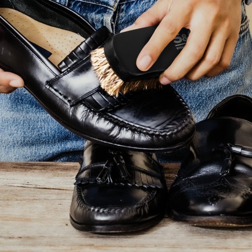 Premium Horsehair Shoe Polish Brush – Handcrafted Beechwood Shoe Brush for Shine and Buffing – Luxurious Shoe Shine Brush with Soft Horsehair Bristles (Black + White)