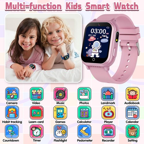 Kids Smart Watch Gift for Girls Ages 3-12, IP67 Waterproof, 32 Puzzle Games, HD Touchscreen Dual Camera Vedio Pedometer Music Player, Kids Watch Toy Birthday Gifts for Girls Ages 5 6 7 8 9 10 (Pink)