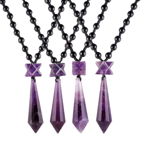 SUNYIK Merkaba Healing Crystal Point Stone Pendant Necklace for Women Men, Adjustable Nylon Rope Necklace Pendulum for Divination, Amethyst