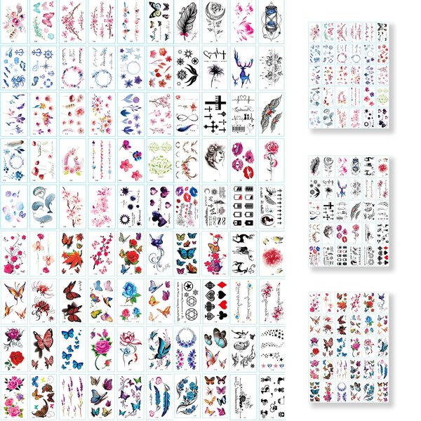 YUNAI 90 Sheets Tiny Temporary Tattoos for Women Girls, Sexy Fake 3D Watercolor Tattoos Include Flower Butterfly Lip Designs Body Art on Arm Neck Shoulder Face Hand Chest Breast Waterproof