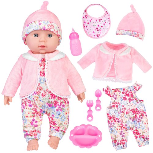 ebuddy 12 Inch Soft Body Baby Doll Baby Girl Doll Dolls & Accessories-8 Pcs Gift Set with Tableware Set, Saliva Towel, Pink Flower Outfit,Bottle