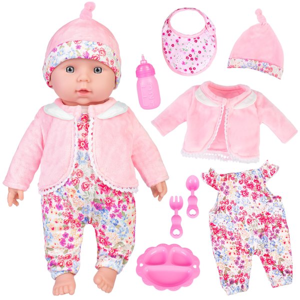 ebuddy 12 Inch Soft Body Baby Doll Baby Girl Doll Dolls & Accessories-8 Pcs Gift Set with Tableware Set, Saliva Towel, Pink Flower Outfit,Bottle