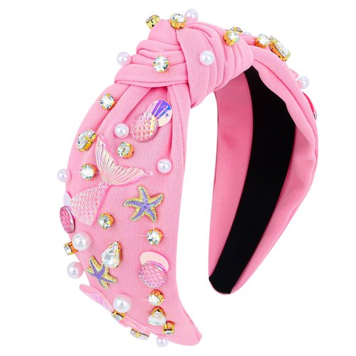 Jaciya Pearl Headband for Girls Rhinestone Headband for Women Wide Knotted Pink Headband for Women Starfish Head Band Mermaid Birthday Party Decorations