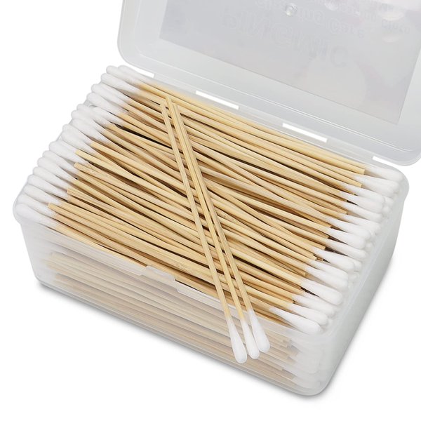 500PCS 6" Cotton Swabs in Storage Box - Long Cotton Swab with Bamboo Handle - Lint Free Cotton Swabs with Wooden Sticks - Highly Absorbent Cotton Tipped Applicators for Makeup, Gun Cleaning, Pet Care