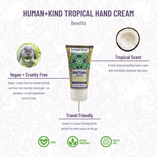 Human+Kind Moisturizing Hand Cream Tropical Fresh - Hydrating Cream with Avocado Oil and Shea Butter - Intense, Fast Absorbing Moisturizer for Smooth Skin - For Dry, Cracked Skin - 1.7 oz