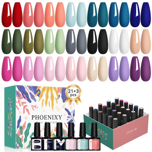PHOENIXY 24 PCS Gel Nail Polish Set, Spring 21 Colors Gel Nail Polish Kit with Base Glossy Matte Top Coat Black Gray Red Nail Polish Set Nail Kit Gifts for Women