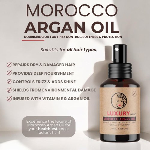 LUXURY TREND Pure Morocco Argan Oil - Nourishing Hair Oil for Silky, Frizz-Free Locks - Vitamin E & Fatty Acids Rich, Sulfate-Free Treatment for All Hair Types, 1.69 Oz