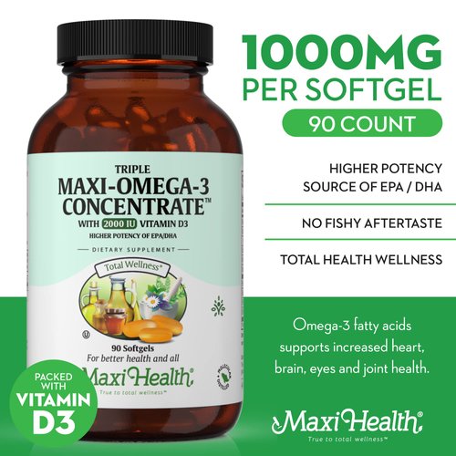 Maxi Health Omega 3 Supplement - Omega-3 Fish Oil Triple Concentrate w/ Vitamin D3 - Potent Source of EPA / DHA Fatty Acids - Heart, Brain, Joint Health - Kosher Wild Caught Marine Fish - 90 Softgels