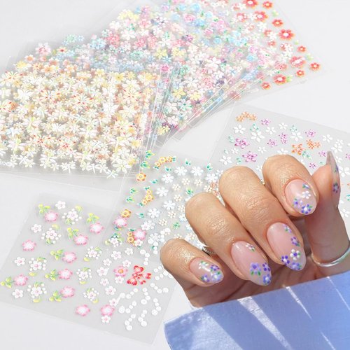 30 Sheets Colorful Flower Nail Art Stickers 3D Self Adhesive Nail Art Supplies Cute Daisy Heart Bow Knot Nail Design Stickers Floral Nail Decals Spring DIY Nail Decorations for Women Manicure Tip